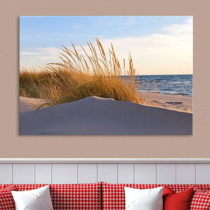 The living room is enhanced by the Ocean Beach Wall Art Canvas Print Sunset Artwork Print Coastal Wall Art, which is displayed prominently above the sofa.