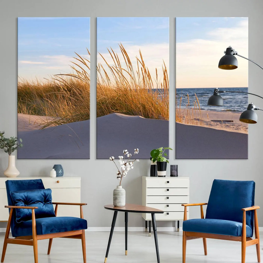 The living room is enhanced by the Ocean Beach Wall Art Canvas Print Sunset Artwork Print Coastal Wall Art, which is displayed prominently above the sofa.