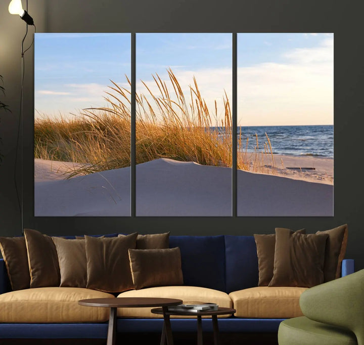 The living room is enhanced by the Ocean Beach Wall Art Canvas Print Sunset Artwork Print Coastal Wall Art, which is displayed prominently above the sofa.