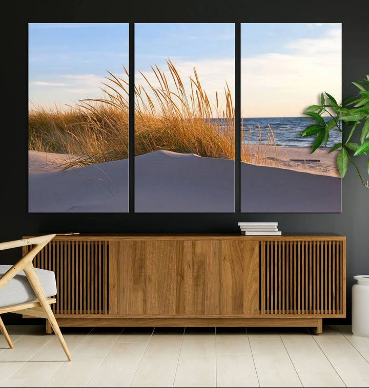 The living room is enhanced by the Ocean Beach Wall Art Canvas Print Sunset Artwork Print Coastal Wall Art, which is displayed prominently above the sofa.