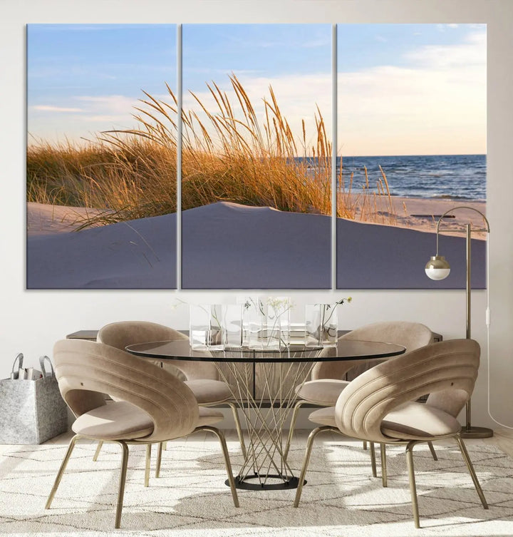 The living room is enhanced by the Ocean Beach Wall Art Canvas Print Sunset Artwork Print Coastal Wall Art, which is displayed prominently above the sofa.