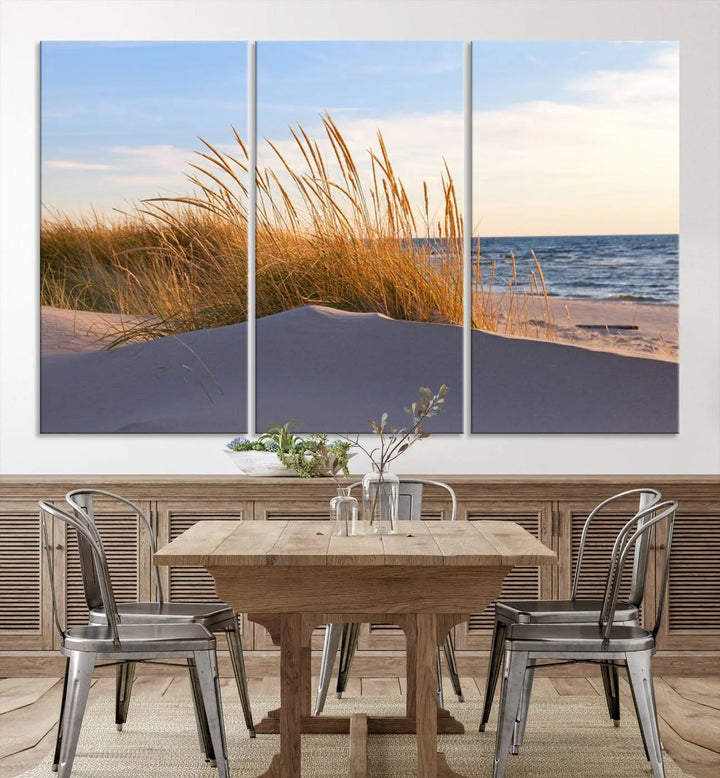 The living room is enhanced by the Ocean Beach Wall Art Canvas Print Sunset Artwork Print Coastal Wall Art, which is displayed prominently above the sofa.