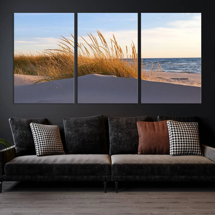 The living room is enhanced by the Ocean Beach Wall Art Canvas Print Sunset Artwork Print Coastal Wall Art, which is displayed prominently above the sofa.