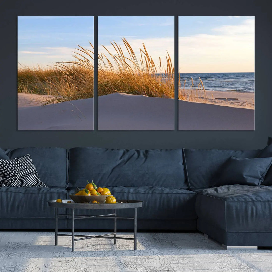 The living room is enhanced by the Ocean Beach Wall Art Canvas Print Sunset Artwork Print Coastal Wall Art, which is displayed prominently above the sofa.