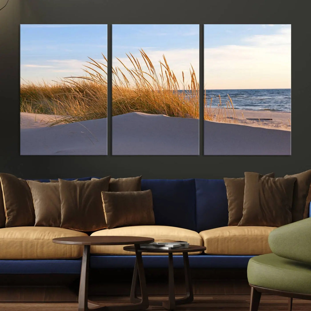 The living room is enhanced by the Ocean Beach Wall Art Canvas Print Sunset Artwork Print Coastal Wall Art, which is displayed prominently above the sofa.