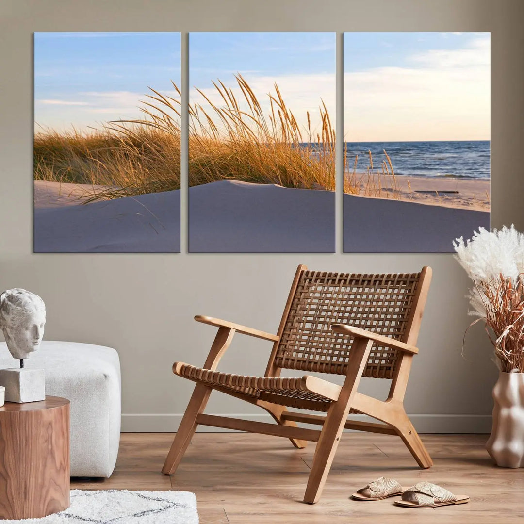 The living room is enhanced by the Ocean Beach Wall Art Canvas Print Sunset Artwork Print Coastal Wall Art, which is displayed prominently above the sofa.