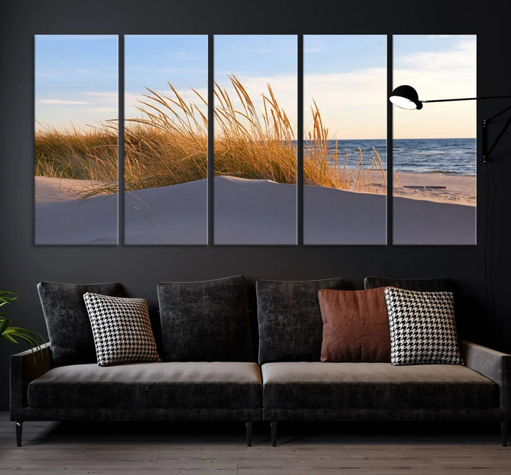 The living room is enhanced by the Ocean Beach Wall Art Canvas Print Sunset Artwork Print Coastal Wall Art, which is displayed prominently above the sofa.