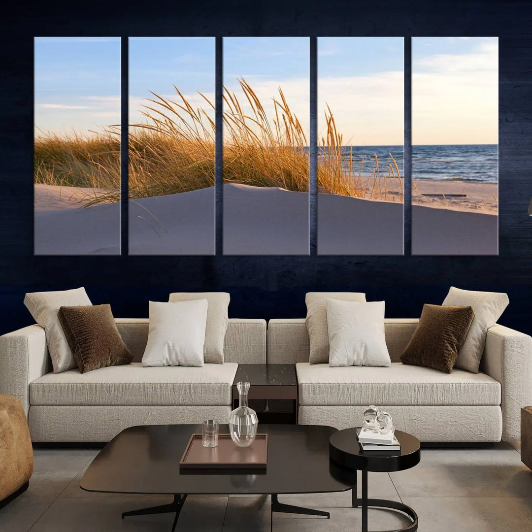 The living room is enhanced by the Ocean Beach Wall Art Canvas Print Sunset Artwork Print Coastal Wall Art, which is displayed prominently above the sofa.