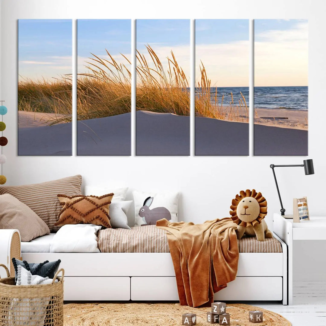 The living room is enhanced by the Ocean Beach Wall Art Canvas Print Sunset Artwork Print Coastal Wall Art, which is displayed prominently above the sofa.