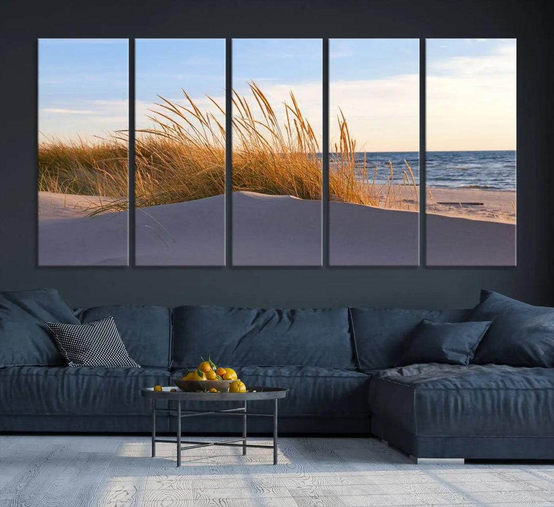 The living room is enhanced by the Ocean Beach Wall Art Canvas Print Sunset Artwork Print Coastal Wall Art, which is displayed prominently above the sofa.