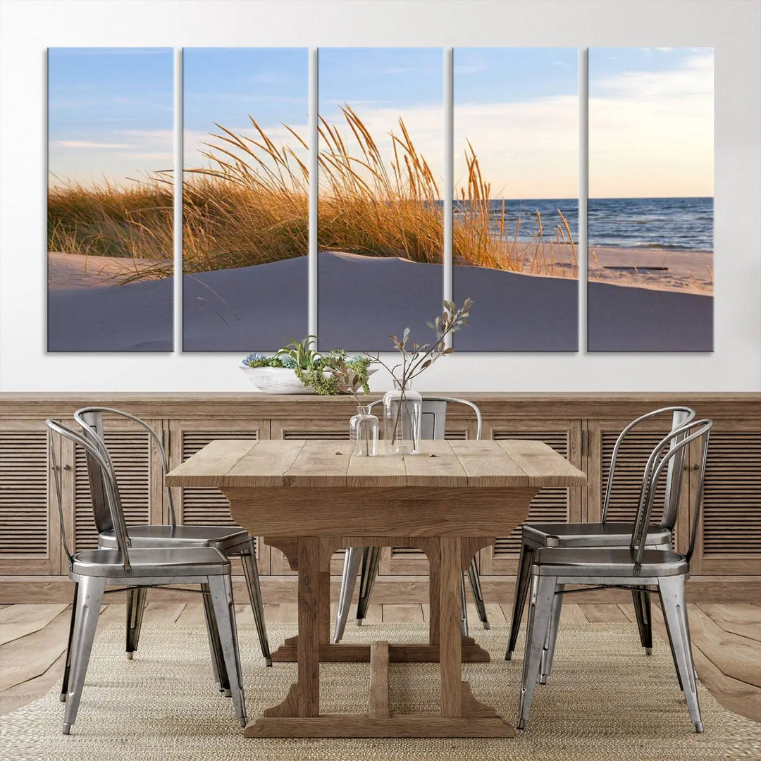 The living room is enhanced by the Ocean Beach Wall Art Canvas Print Sunset Artwork Print Coastal Wall Art, which is displayed prominently above the sofa.