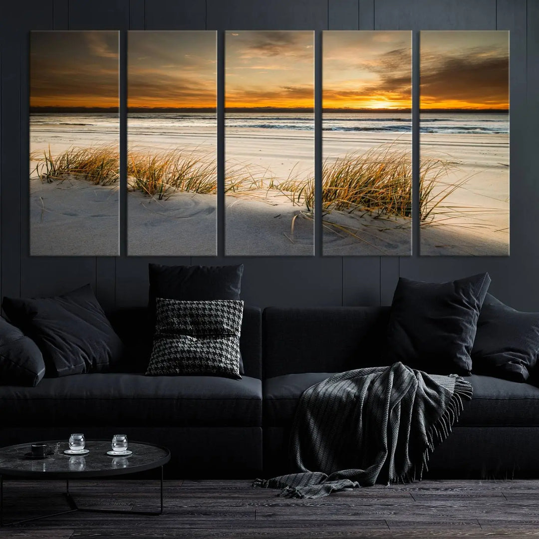 The Ocean Beach Wall Art Canvas Print, a captivating triptych showcasing a sunset over the beach with grass, hangs gracefully. These gallery-wrapped, museum-quality canvases boast a UV-protective coating that preserves their vibrant colors and stunning detail for years to come.