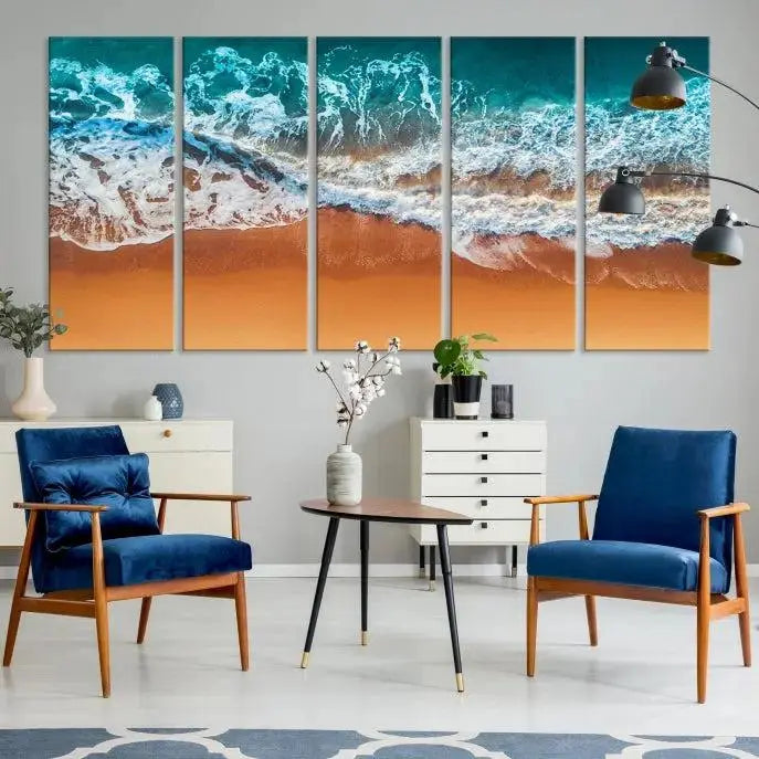 The "Ocean Beach Wall Art Nautical Landscape Canvas Print" is a stunning triptych of aerial ocean waves on museum-quality canvas with UV-protective coating. It's ready to hang and can instantly transform your space.