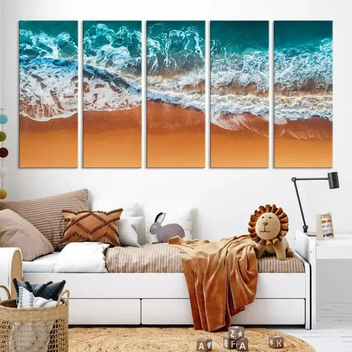 The "Ocean Beach Wall Art Nautical Landscape Canvas Print" is a stunning triptych of aerial ocean waves on museum-quality canvas with UV-protective coating. It's ready to hang and can instantly transform your space.