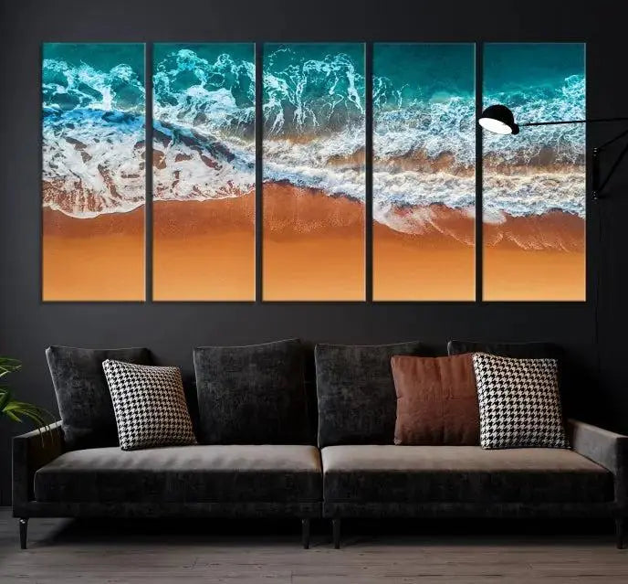 The "Ocean Beach Wall Art Nautical Landscape Canvas Print" is a stunning triptych of aerial ocean waves on museum-quality canvas with UV-protective coating. It's ready to hang and can instantly transform your space.