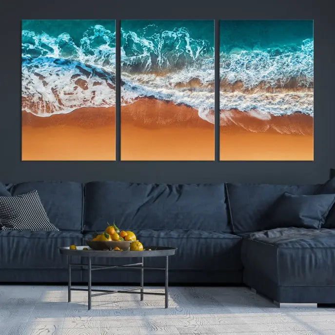 The "Ocean Beach Wall Art Nautical Landscape Canvas Print" is a stunning triptych of aerial ocean waves on museum-quality canvas with UV-protective coating. It's ready to hang and can instantly transform your space.