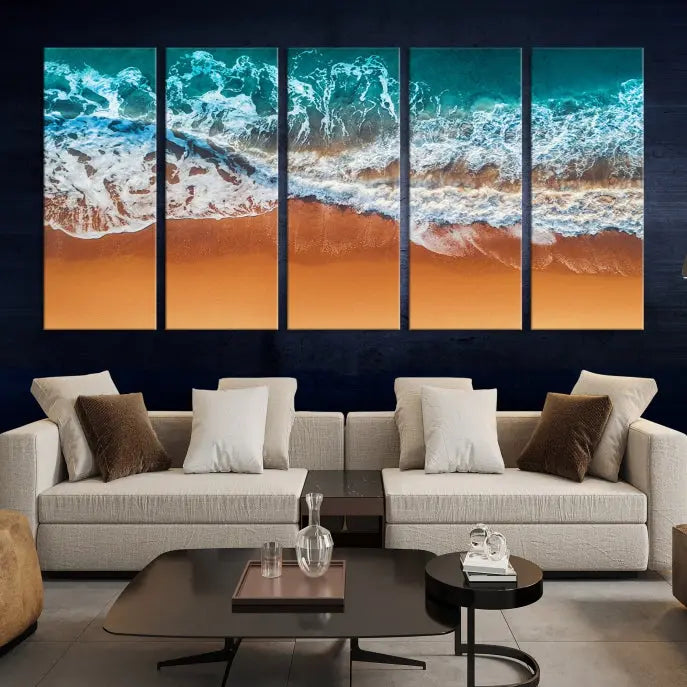 The "Ocean Beach Wall Art Nautical Landscape Canvas Print" is a stunning triptych of aerial ocean waves on museum-quality canvas with UV-protective coating. It's ready to hang and can instantly transform your space.