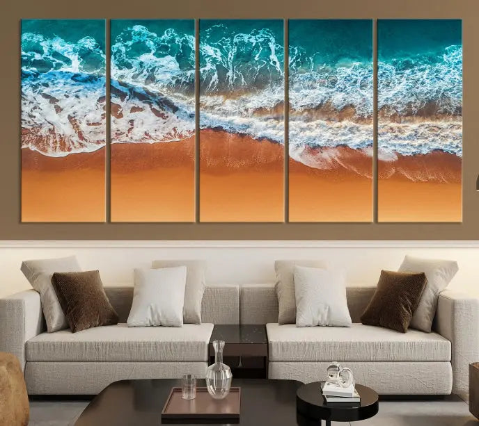 The "Ocean Beach Wall Art Nautical Landscape Canvas Print" is a stunning triptych of aerial ocean waves on museum-quality canvas with UV-protective coating. It's ready to hang and can instantly transform your space.