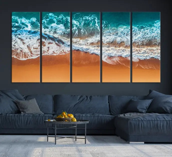 The "Ocean Beach Wall Art Nautical Landscape Canvas Print" is a stunning triptych of aerial ocean waves on museum-quality canvas with UV-protective coating. It's ready to hang and can instantly transform your space.