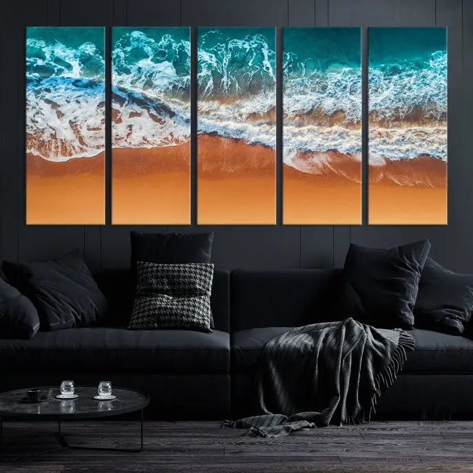 The "Ocean Beach Wall Art Nautical Landscape Canvas Print" is a stunning triptych of aerial ocean waves on museum-quality canvas with UV-protective coating. It's ready to hang and can instantly transform your space.