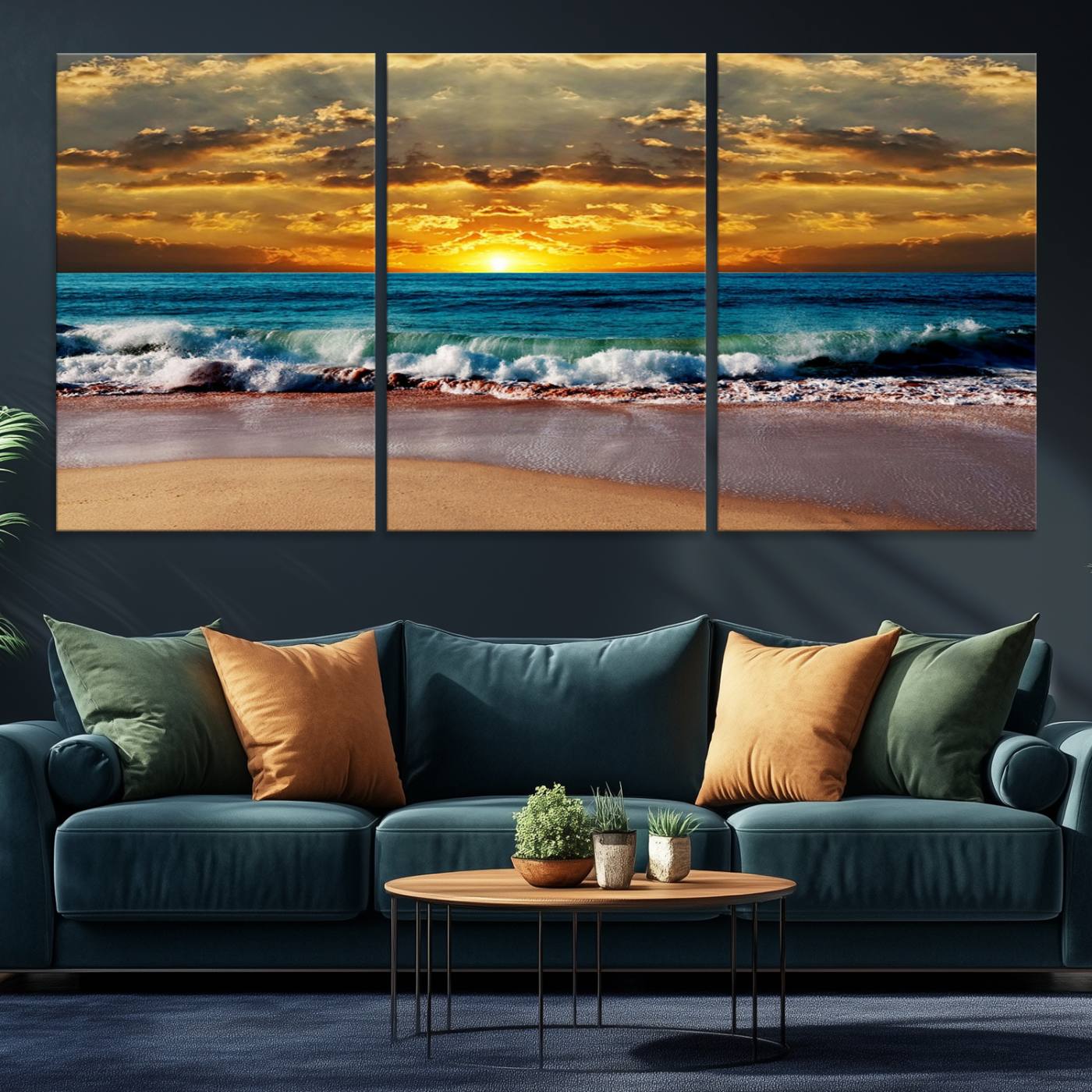 83389-MGV-CV-36X24-Ocean Sunrise Over Golden Beach Waves, Giclee Canvas Wall Art Set, High-Quality Stretched Canvas Print, Ready to Hang Coastal Sunset Wall