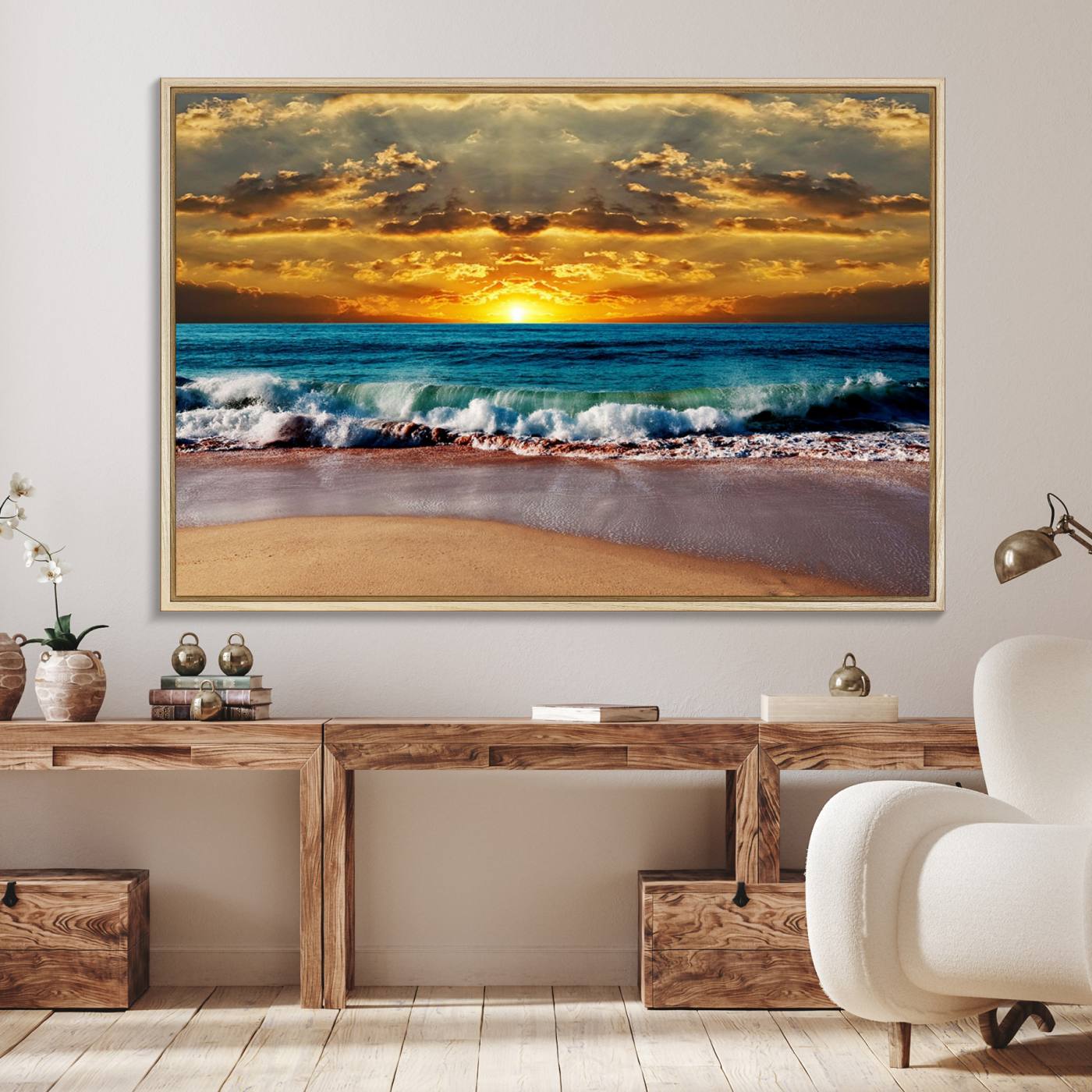 83389-MGV-FC-36X24_Natural-Ocean Sunrise Over Golden Beach Waves, Giclee Canvas Wall Art Set, High-Quality Stretched Canvas Print, Ready to Hang Coastal Sunset Wall