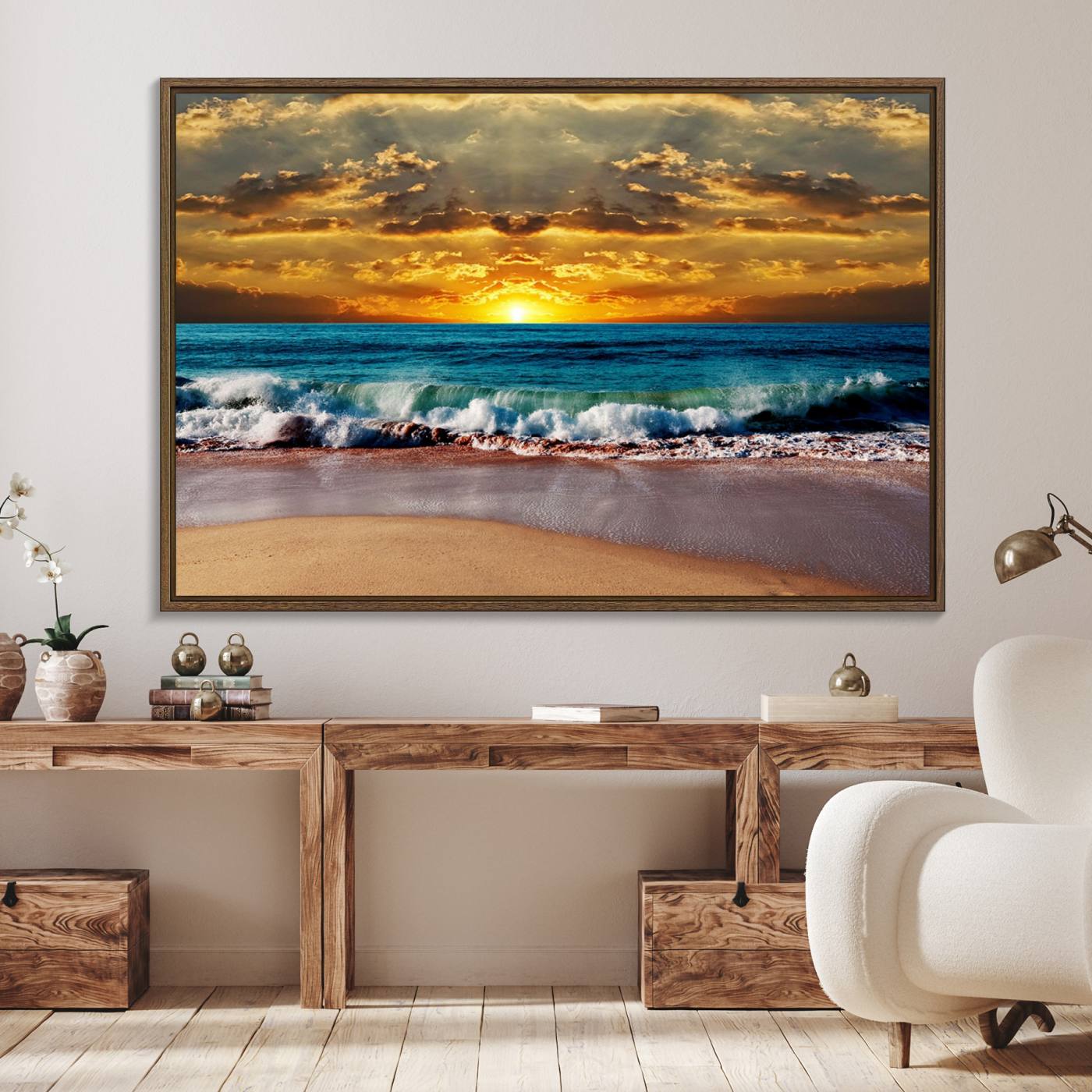 83389-MGV-FC-36X24_Walnut-Ocean Sunrise Over Golden Beach Waves, Giclee Canvas Wall Art Set, High-Quality Stretched Canvas Print, Ready to Hang Coastal Sunset Wall