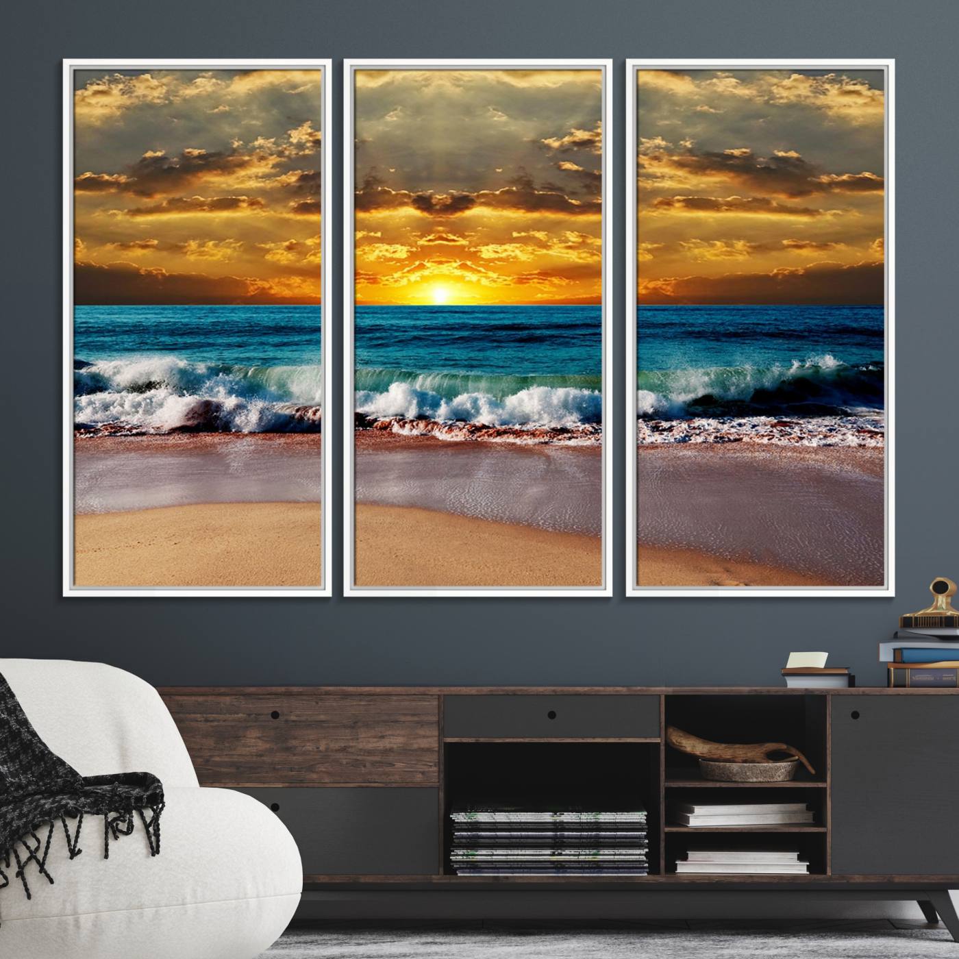 83389-MGV-FC-48X32-3P_White-Ocean Sunrise Over Golden Beach Waves, Giclee Canvas Wall Art Set, High-Quality Stretched Canvas Print, Ready to Hang Coastal Sunset Wall