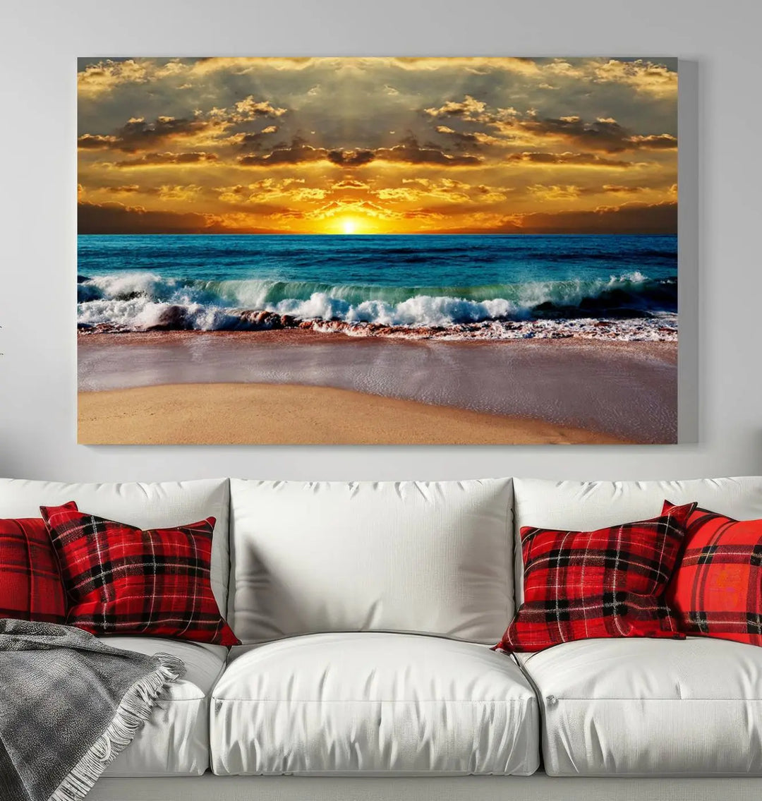 The Ocean Sunrise Over Golden Beach Waves giclee canvas wall art set hangs above, capturing a serene coastal sunset. This high-quality stretched canvas print brings warmth and tranquility to any living space.