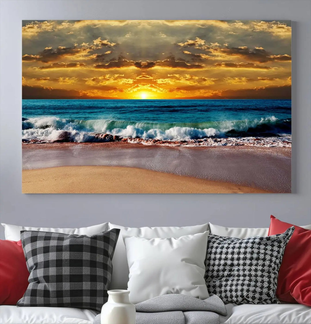 The Ocean Sunrise Over Golden Beach Waves giclee canvas wall art set hangs above, capturing a serene coastal sunset. This high-quality stretched canvas print brings warmth and tranquility to any living space.