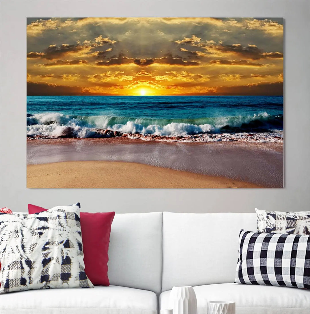 The Ocean Sunrise Over Golden Beach Waves giclee canvas wall art set hangs above, capturing a serene coastal sunset. This high-quality stretched canvas print brings warmth and tranquility to any living space.