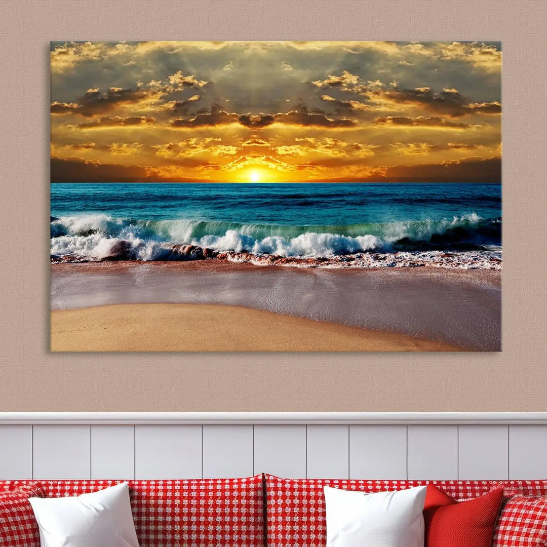 The Ocean Sunrise Over Golden Beach Waves giclee canvas wall art set hangs above, capturing a serene coastal sunset. This high-quality stretched canvas print brings warmth and tranquility to any living space.