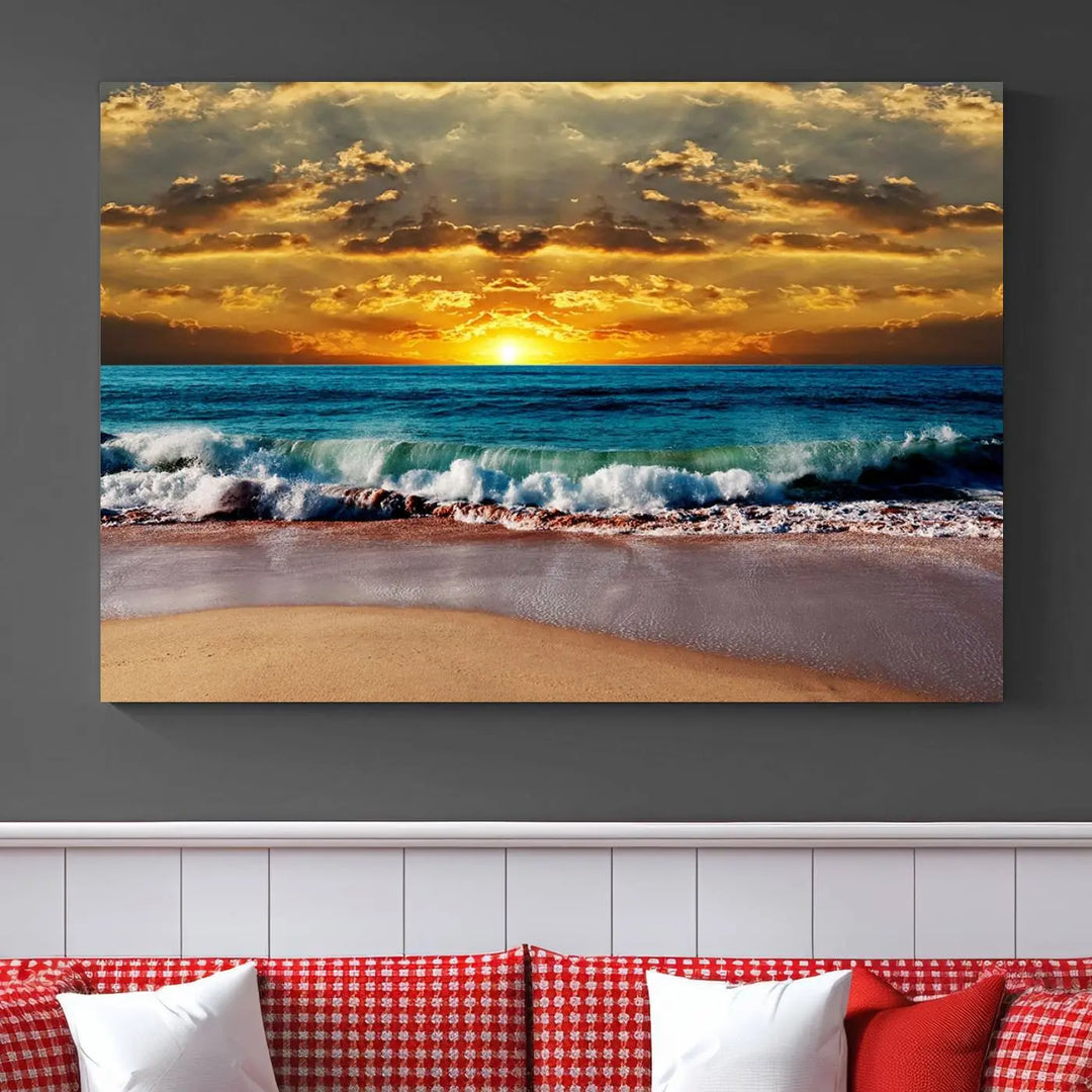 The Ocean Sunrise Over Golden Beach Waves giclee canvas wall art set hangs above, capturing a serene coastal sunset. This high-quality stretched canvas print brings warmth and tranquility to any living space.