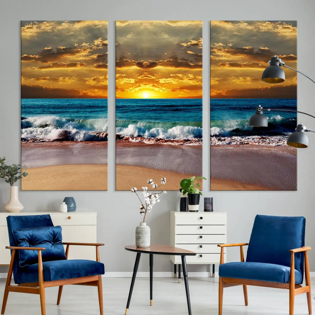 The Ocean Sunrise Over Golden Beach Waves giclee canvas wall art set hangs above, capturing a serene coastal sunset. This high-quality stretched canvas print brings warmth and tranquility to any living space.