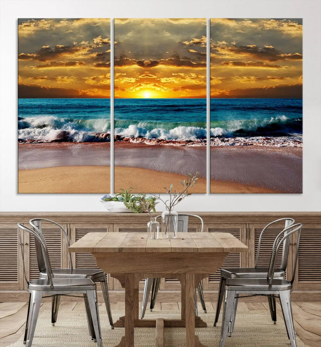 The Ocean Sunrise Over Golden Beach Waves giclee canvas wall art set hangs above, capturing a serene coastal sunset. This high-quality stretched canvas print brings warmth and tranquility to any living space.