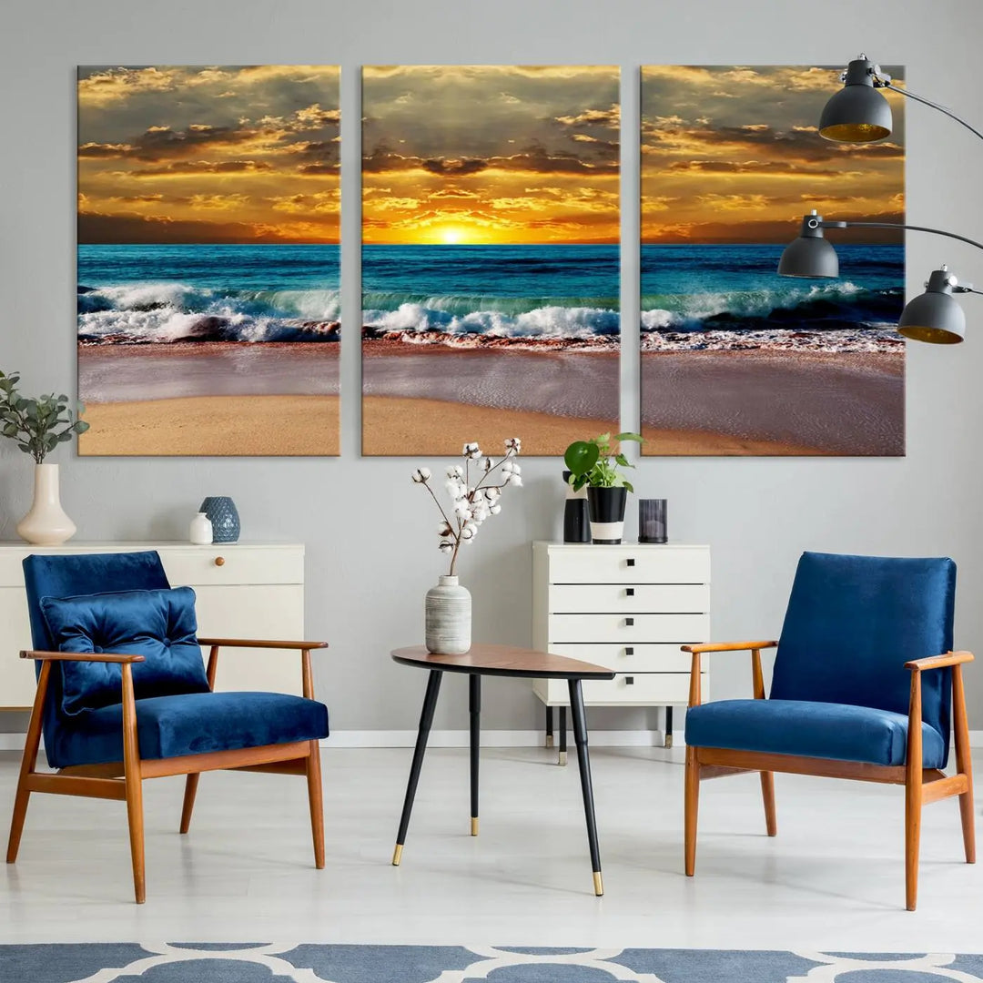 The Ocean Sunrise Over Golden Beach Waves giclee canvas wall art set hangs above, capturing a serene coastal sunset. This high-quality stretched canvas print brings warmth and tranquility to any living space.