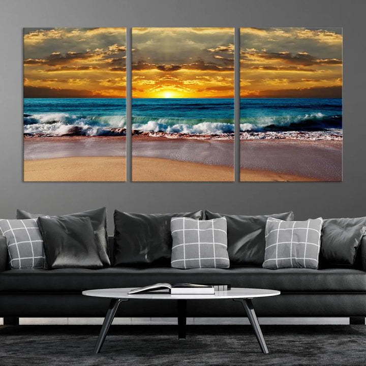 The Ocean Sunrise Over Golden Beach Waves giclee canvas wall art set hangs above, capturing a serene coastal sunset. This high-quality stretched canvas print brings warmth and tranquility to any living space.