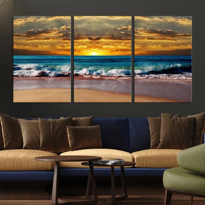 The Ocean Sunrise Over Golden Beach Waves giclee canvas wall art set hangs above, capturing a serene coastal sunset. This high-quality stretched canvas print brings warmth and tranquility to any living space.