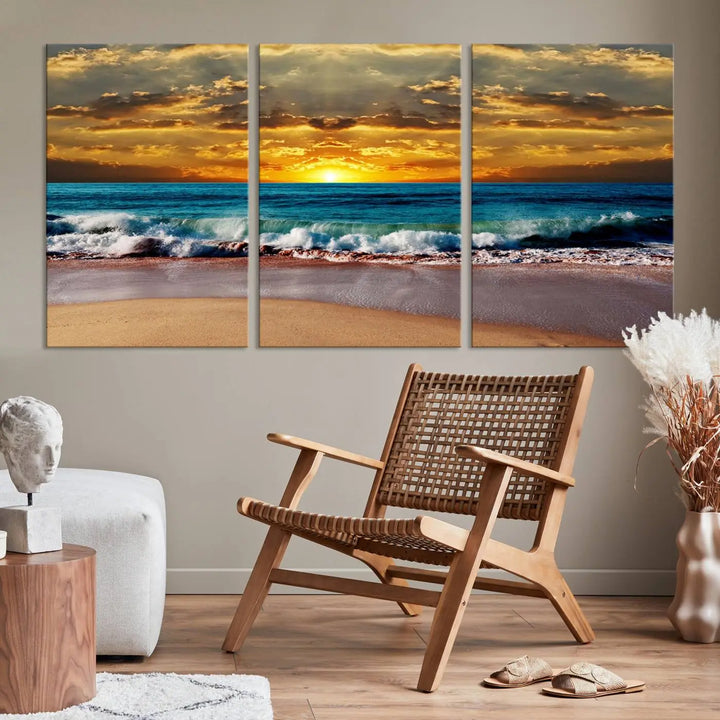 The Ocean Sunrise Over Golden Beach Waves giclee canvas wall art set hangs above, capturing a serene coastal sunset. This high-quality stretched canvas print brings warmth and tranquility to any living space.