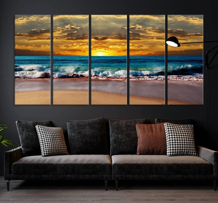 The Ocean Sunrise Over Golden Beach Waves giclee canvas wall art set hangs above, capturing a serene coastal sunset. This high-quality stretched canvas print brings warmth and tranquility to any living space.