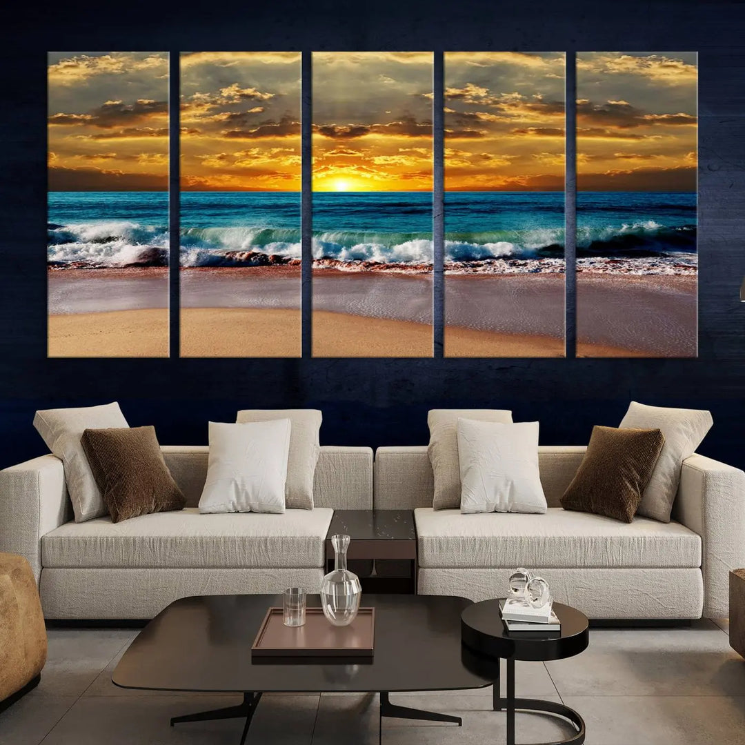 The Ocean Sunrise Over Golden Beach Waves giclee canvas wall art set hangs above, capturing a serene coastal sunset. This high-quality stretched canvas print brings warmth and tranquility to any living space.