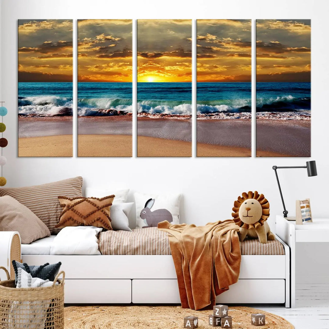 The Ocean Sunrise Over Golden Beach Waves giclee canvas wall art set hangs above, capturing a serene coastal sunset. This high-quality stretched canvas print brings warmth and tranquility to any living space.