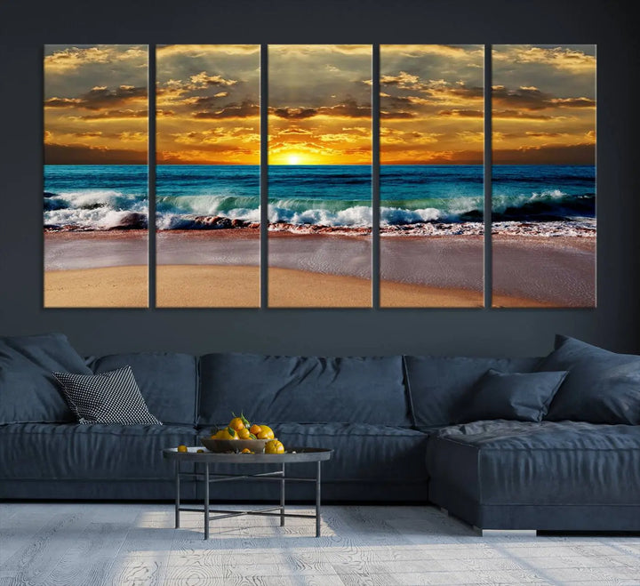 The Ocean Sunrise Over Golden Beach Waves giclee canvas wall art set hangs above, capturing a serene coastal sunset. This high-quality stretched canvas print brings warmth and tranquility to any living space.