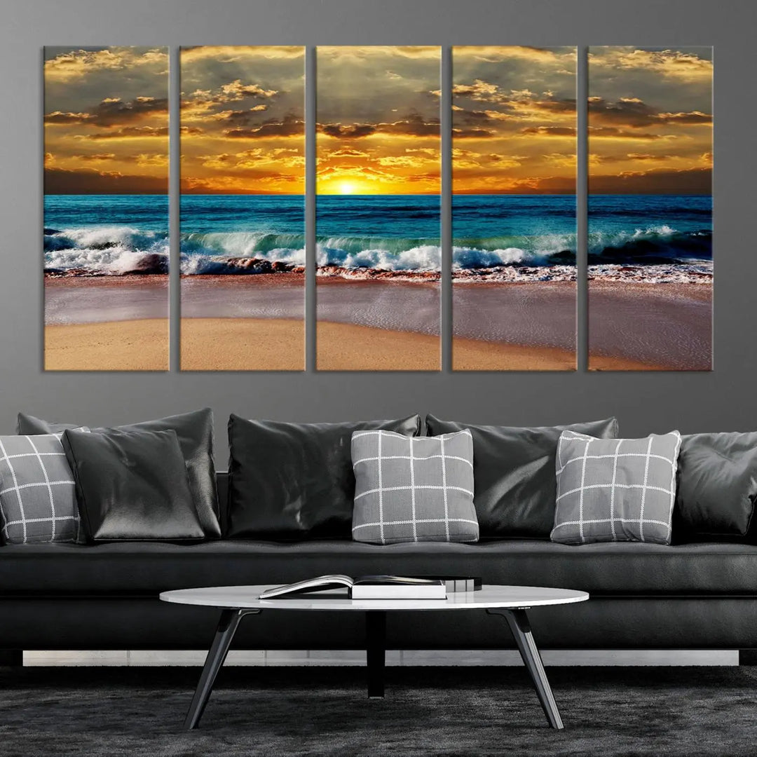 The Ocean Sunrise Over Golden Beach Waves giclee canvas wall art set hangs above, capturing a serene coastal sunset. This high-quality stretched canvas print brings warmth and tranquility to any living space.