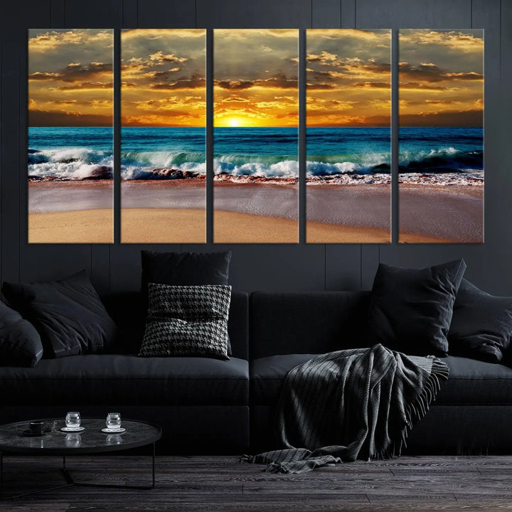 The Ocean Sunrise Over Golden Beach Waves giclee canvas wall art set hangs above, capturing a serene coastal sunset. This high-quality stretched canvas print brings warmth and tranquility to any living space.