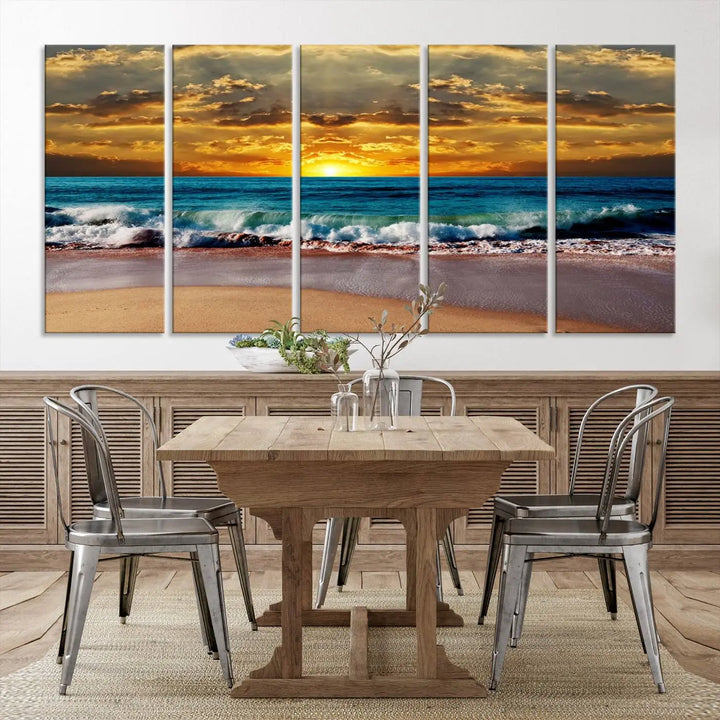 The Ocean Sunrise Over Golden Beach Waves giclee canvas wall art set hangs above, capturing a serene coastal sunset. This high-quality stretched canvas print brings warmth and tranquility to any living space.