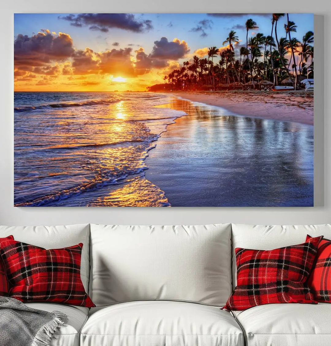 The dining area features a stunning Ocean Sunset Beach Canvas Print—a five-panel coastal wall art and tropical seascape triptych that beautifully captures the serene beauty of ocean waves set against a beach sunset scene.