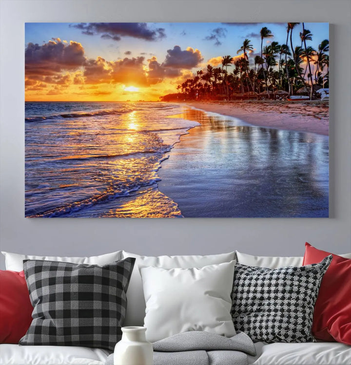 The dining area features a stunning Ocean Sunset Beach Canvas Print—a five-panel coastal wall art and tropical seascape triptych that beautifully captures the serene beauty of ocean waves set against a beach sunset scene.