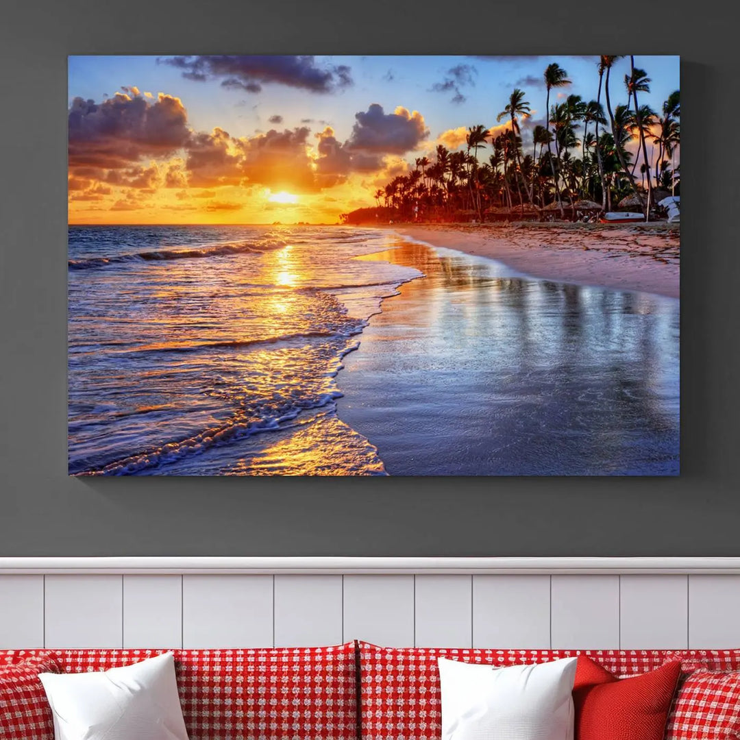 The dining area features a stunning Ocean Sunset Beach Canvas Print—a five-panel coastal wall art and tropical seascape triptych that beautifully captures the serene beauty of ocean waves set against a beach sunset scene.