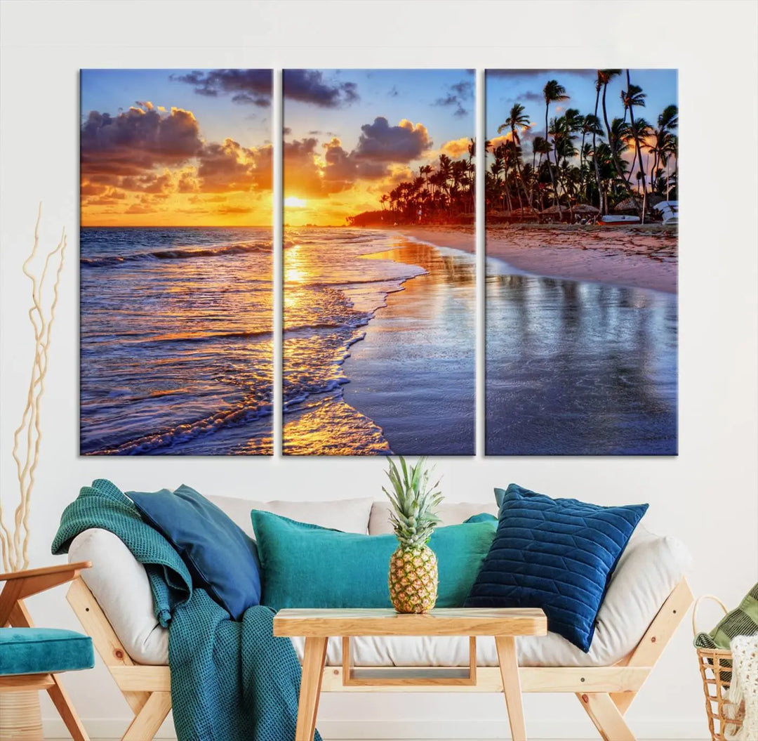 The dining area features a stunning Ocean Sunset Beach Canvas Print—a five-panel coastal wall art and tropical seascape triptych that beautifully captures the serene beauty of ocean waves set against a beach sunset scene.